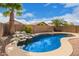 Backyard pool with a rock waterfall feature surrounded by palm trees creating a relaxing oasis at 8867 E Avenida Las Noches --, Gold Canyon, AZ 85118