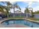 Beautiful backyard with a sparkling blue pool, mature palm trees, privacy wall and a green lawn at 974 E Palomino Way, San Tan Valley, AZ 85143