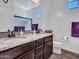 This bathroom offers a dual sink vanity with granite countertops and contemporary fixtures at 9821 E Supernova Dr, Mesa, AZ 85212