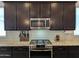 Close up of kitchen features stainless steel oven range, granite countertops, and backsplash at 9821 E Supernova Dr, Mesa, AZ 85212