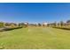 Lush green community green area with sprinkler system, landscaping, and residential homes in the background at 4834 S Meteor --, Mesa, AZ 85212