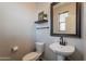 Elegant powder room with pedestal sink, decorative mirror, and modern fixtures and decor at 504 N Ranger Trl, Gilbert, AZ 85234