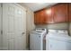 Well-lit laundry area with a white washer and dryer set beneath wood cabinets and next to a white door at 18841 E Pelican Ct, Queen Creek, AZ 85142