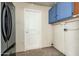 A utility room with blue cabinets, a white door, concrete floors and a black refrigerator at 13807 N 33Rd Dr, Phoenix, AZ 85053