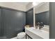 Modern powder room features wainscoting, stylish mirror and fixtures, with a white countertop sink at 18833 E Latigo Ln, Rio Verde, AZ 85263