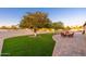 Expansive backyard with green lawn, mature trees and a charming paved patio with outdoor furniture at 11138 W Hatcher Rd, Sun City, AZ 85351