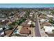 Wide aerial shot of a neighborhood with pools, desert landscaping and palm trees under a clear blue sky at 6759 E Aire Libre Ln, Scottsdale, AZ 85254