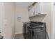 Bright laundry room featuring modern black washer and dryer units and white cabinets at 1501 N Lesueur --, Mesa, AZ 85203