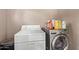 Laundry room with an older top-load washer and newer front-load dryer at 19601 N 14Th St, Phoenix, AZ 85024