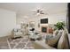 Bright living room with a cozy fireplace, ceiling fan, and neutral furniture at 2560 E Indian Wells Pl, Chandler, AZ 85249