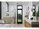 Bright bathroom with double vanity, glass shower, soaking tub, and black framed windows at 4120 N 44Th Pl, Phoenix, AZ 85018