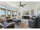 Spacious living room with large windows, ceiling fan, and comfortable seating arrangements at 7915 E Stonecliff Cir, Mesa, AZ 85207