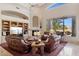 Inviting living room with cozy seating, a fireplace, built-in shelving, and expansive windows at 13126 E Turquoise Ave, Scottsdale, AZ 85259