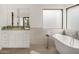 Bathroom featuring white cabinetry with a green marble countertop, a soaking tub and modern fixtures at 40198 N 105Th Pl, Scottsdale, AZ 85262