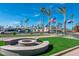 Community area featuring a modern fire pit, manicured lawn, and surrounding palm trees under a blue sky at 7807 E Main St # Cc-98, Mesa, AZ 85207
