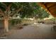 Spacious brick-paved patio featuring mature shade trees, an outdoor seating area, string lights, and privacy walls at 1041 E Orangewood Ave, Phoenix, AZ 85020