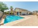 Inviting pool area featuring a sparkling pool, a jacuzzi, lush landscaping, and a covered patio at 17751 W Bloomfield Rd, Surprise, AZ 85388