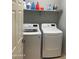 Modern laundry room featuring a white washer and dryer set with shelf and supplies at 18642 W Yucatan Dr, Surprise, AZ 85388