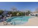 Beautiful swimming pool with a Baja step entry, surrounded by lush landscaping and charming patio furniture at 21359 E Camacho Rd, Queen Creek, AZ 85142