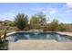 Backyard pool and travertine deck is landscaped with mature plants at 2923 E Preston St, Mesa, AZ 85213