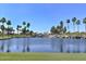 Scenic water feature on the golf course with cascading rocks and lush palm trees set against a clear blue sky at 3685 N 162Nd Ln, Goodyear, AZ 85395