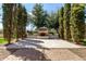 Backyard seating area with a charming stone fireplace, landscaping, and paved patio at 4376 S Santiago Way, Chandler, AZ 85248