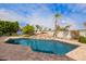 In-ground pool featuring natural rock waterfall, beautiful palm trees, and basketball hoop for outdoor fun and relaxation at 4438 E Millbrae Ln, Gilbert, AZ 85234