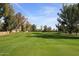 View of the green golf course with lush trees, blue skies, and distant homes at 10960 N 78 St, Scottsdale, AZ 85260