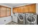 Modern laundry room equipped with front load washer and dryer and built-in cabinets at 13942 W Summerstar Dr, Sun City West, AZ 85375