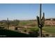 Picturesque golf course view featuring saguaro cacti and desert foliage against a backdrop of mountains and clear skies at 42123 N Long Cove Way, Anthem, AZ 85086