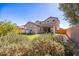 Expansive backyard showcasing the home's exterior, lush greenery, trees, and a patio area at 42256 W Lucera Ln, Maricopa, AZ 85138