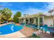 Backyard pool featuring a covered patio with outdoor seating, lush landscaping, and a charming exterior view of the home at 848 W Keating Ave, Mesa, AZ 85210