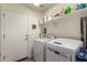 Functional laundry room with modern washer and dryer, shelving, and access door at 10156 E Radiant Ave, Mesa, AZ 85212