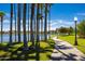 Lakeside community featuring a scenic walking path, lined with palm trees and streetlights at 17633 W Wind Song Ave, Goodyear, AZ 85338
