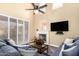 Comfortable living room with a fireplace, ceiling fan, and large windows at 19550 N Grayhawk Dr # 1044, Scottsdale, AZ 85255