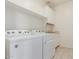 Bright laundry room with white appliances, shelving, and beige countertops at 12324 W Northview Ave, Glendale, AZ 85307
