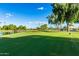 Scenic golf course view with lush green grass, mature trees, and a tranquil pond under a clear blue sky at 24812 S Pleasant Ct, Sun Lakes, AZ 85248