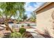 Landscaped front yard with a bench in a well maintained neighborhood at 20449 N Lemon Drop Dr, Maricopa, AZ 85138