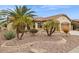 Landscaped front yard with palm trees, desert plants, decorative rock, and a well-manicured lawn at 2634 N 164Th Ave, Goodyear, AZ 85395