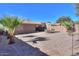 Large backyard featuring desert landscaping, patio seating, and mature palm trees at 43409 W Sagebrush Trl, Maricopa, AZ 85138