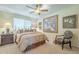 Cozy bedroom featuring a ceiling fan, soft carpet, and unique art pieces, creating a relaxed atmosphere at 10417 W Deanne Dr, Sun City, AZ 85351