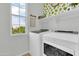 Modern laundry room with side-by-side appliances, white shelves, and lemon-themed wallpaper at 2708 S Santa Rita --, Mesa, AZ 85209