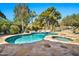 Resort-style backyard featuring a large pool, spa, rock accents, tropical landscaping, and mature trees at 902 W Moon Valley Dr, Phoenix, AZ 85023