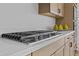 Close up of the gas cooktop set into white marbled countertops, and wooden cabinets at 10150 E Thistle Ave, Mesa, AZ 85212