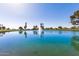 Scenic pond with a central fountain, reflecting the clear sky, surrounded by lush greenery and mature trees at 12939 W Prospect Dr, Sun City West, AZ 85375