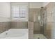 Bright bathroom featuring step-in shower with a tub, and tiled walls at 25424 S 224Th Pl, Queen Creek, AZ 85142