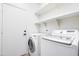 Modern laundry room with washer, dryer, and storage shelves, offering convenience and organization at 6439 W Adobe Dr, Glendale, AZ 85308