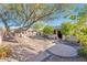 Lush backyard with a charming patio area, mature trees, and manicured landscaping at 16292 N Naegel Dr, Surprise, AZ 85374