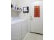 Functional laundry room with a washer, dryer, storage, and a door to the backyard at 1009 E Brentrup Dr, Tempe, AZ 85283