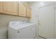 Functional laundry room with bright cabinetry, modern washer and dryer, and access door at 9142 E La Posada Ct, Scottsdale, AZ 85255